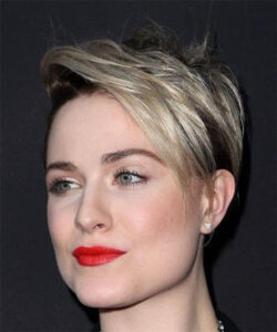 Beautiful blonde girl with a Pixie on the side-swept haircut