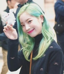 Ash green hair in Dahyun from Twice